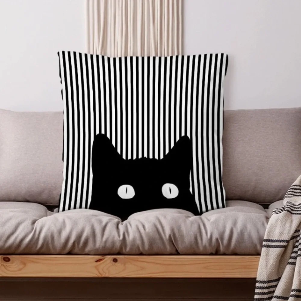 Cat Theme Pillow Cover Zippered Decorative Square Black White 17.7 in X 17.7 in